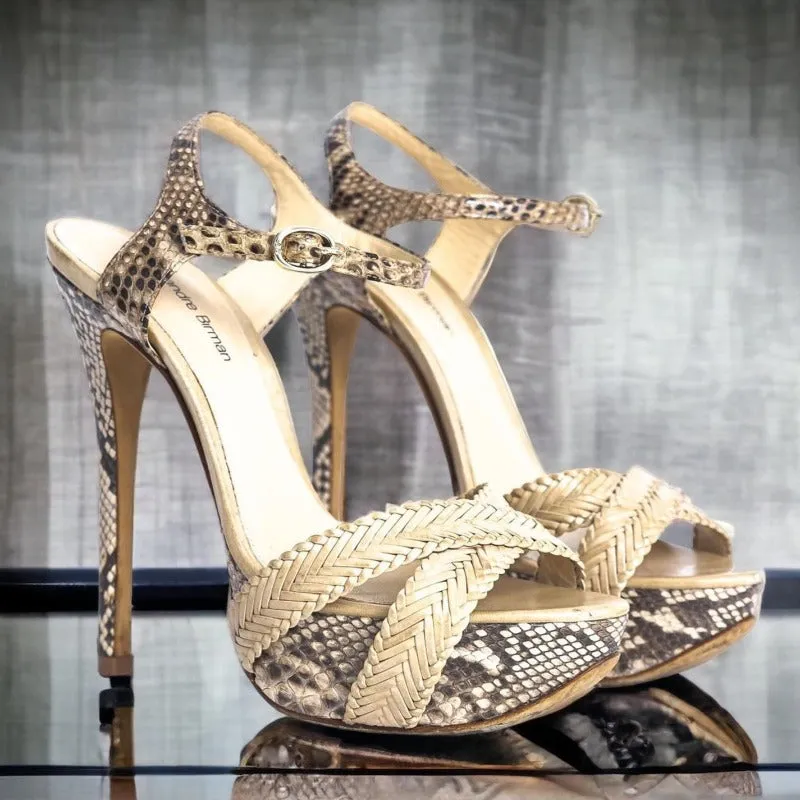ALEXANDRE BIRMAN Beige Python Criss Cross Ankle Strap Platform Sandals, Size 36