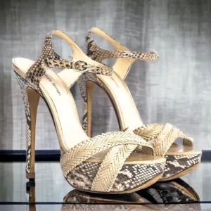 ALEXANDRE BIRMAN Beige Python Criss Cross Ankle Strap Platform Sandals, Size 36