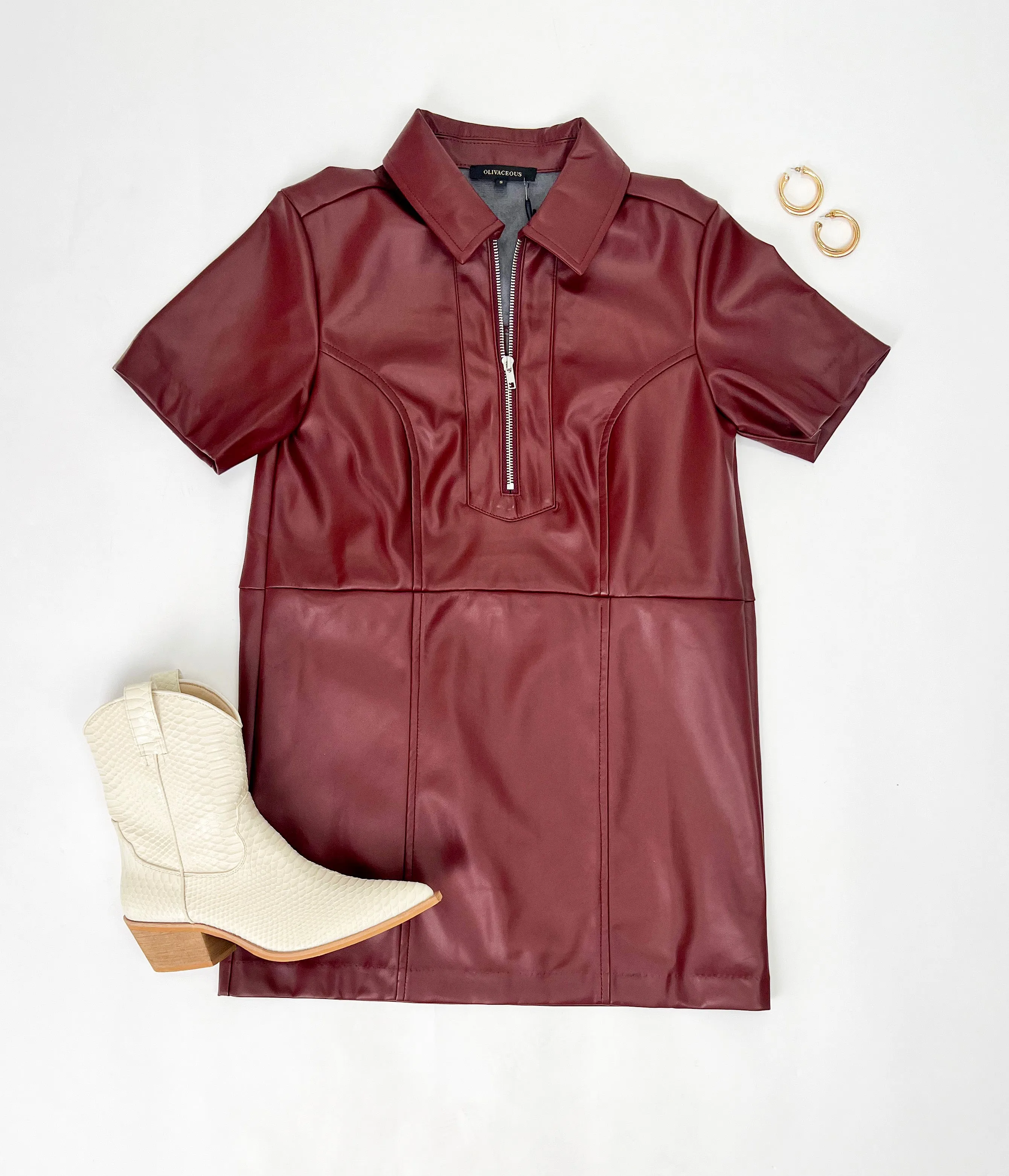 ALL THE RAGE BURGUNDY LEATHER MINI DRESS
