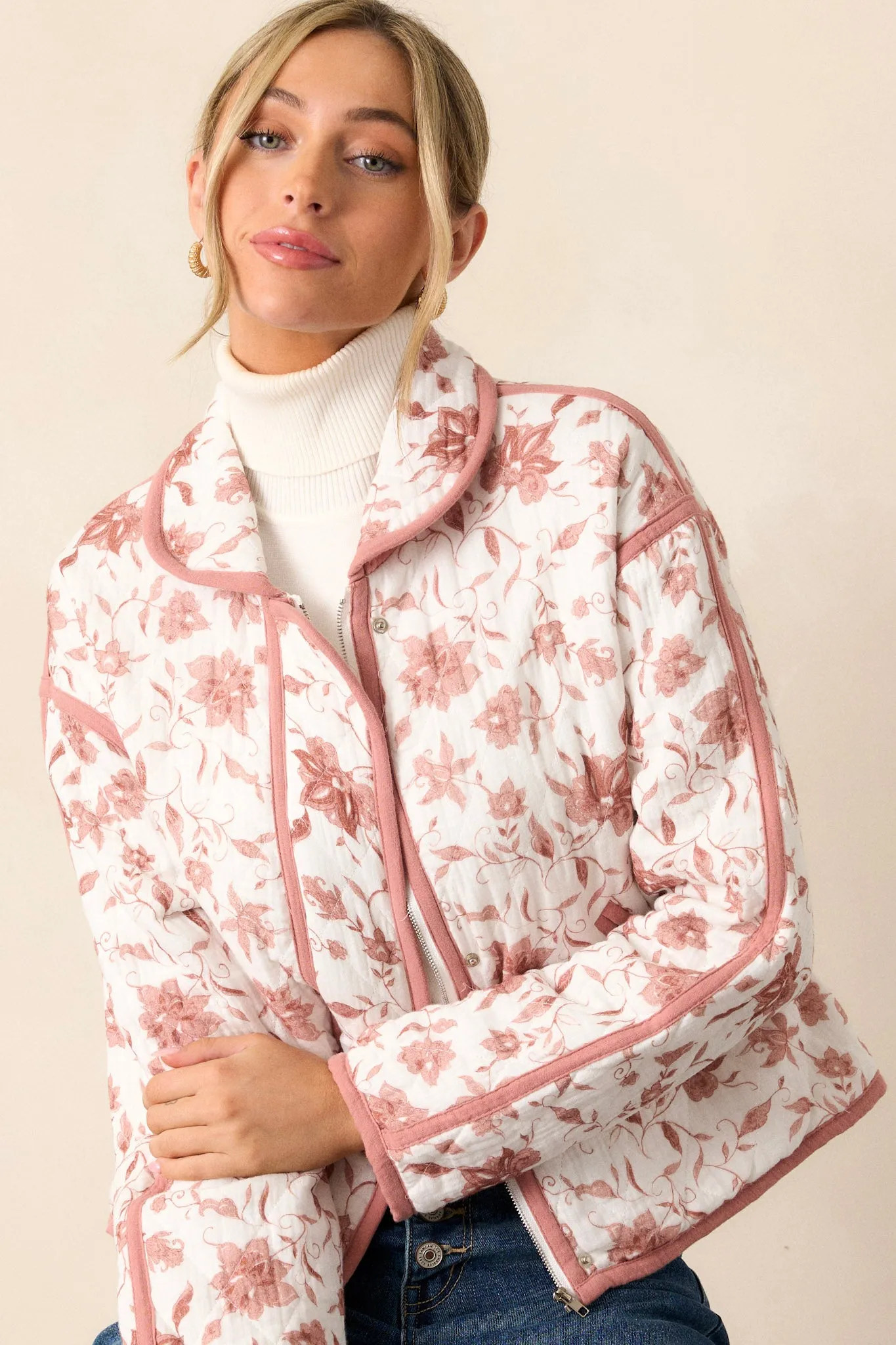 Ask Anyway 100% Cotton Dusty Pink Floral Quilted Jacket