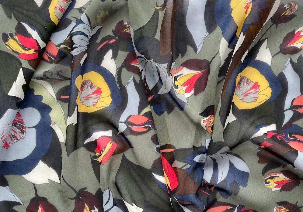Blooming Poppies & Tulips Polyester Chiffon (Made in Italy)