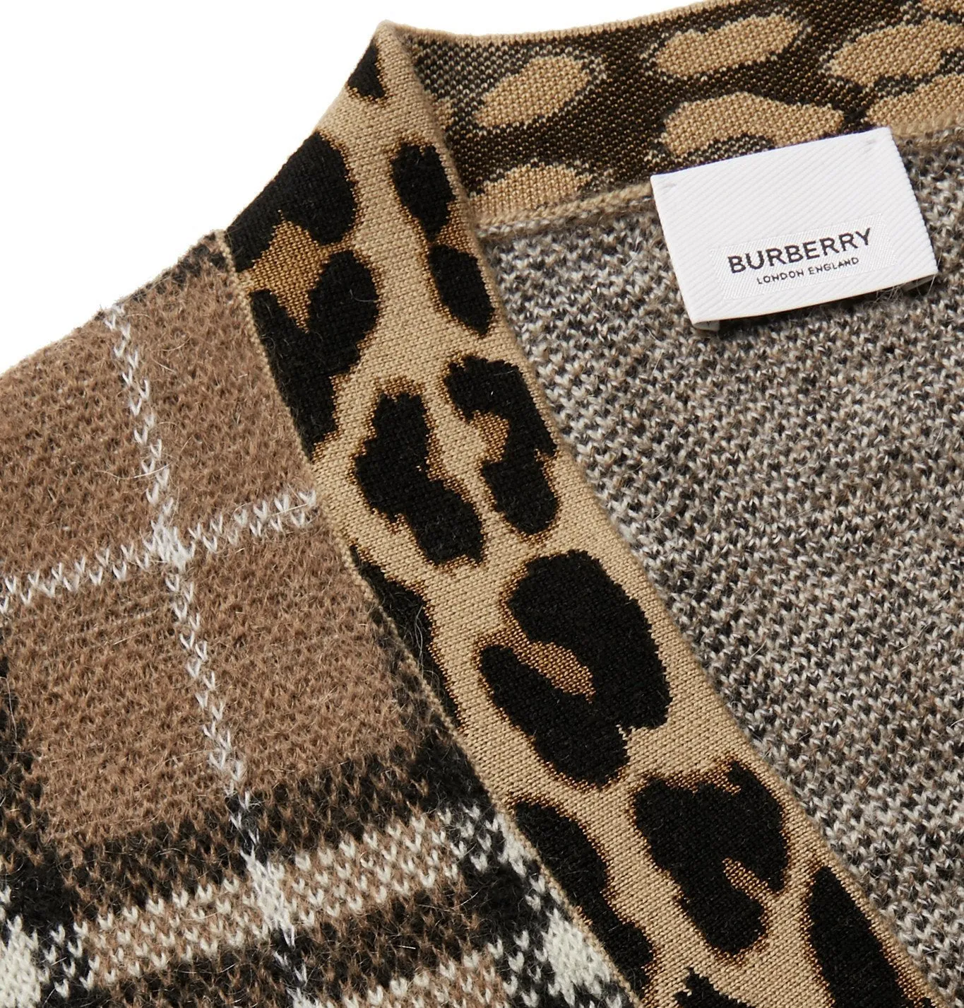 BURBERRY LEOPARD TRIMMED CHECKED JACQUARD KNIT SWEATER