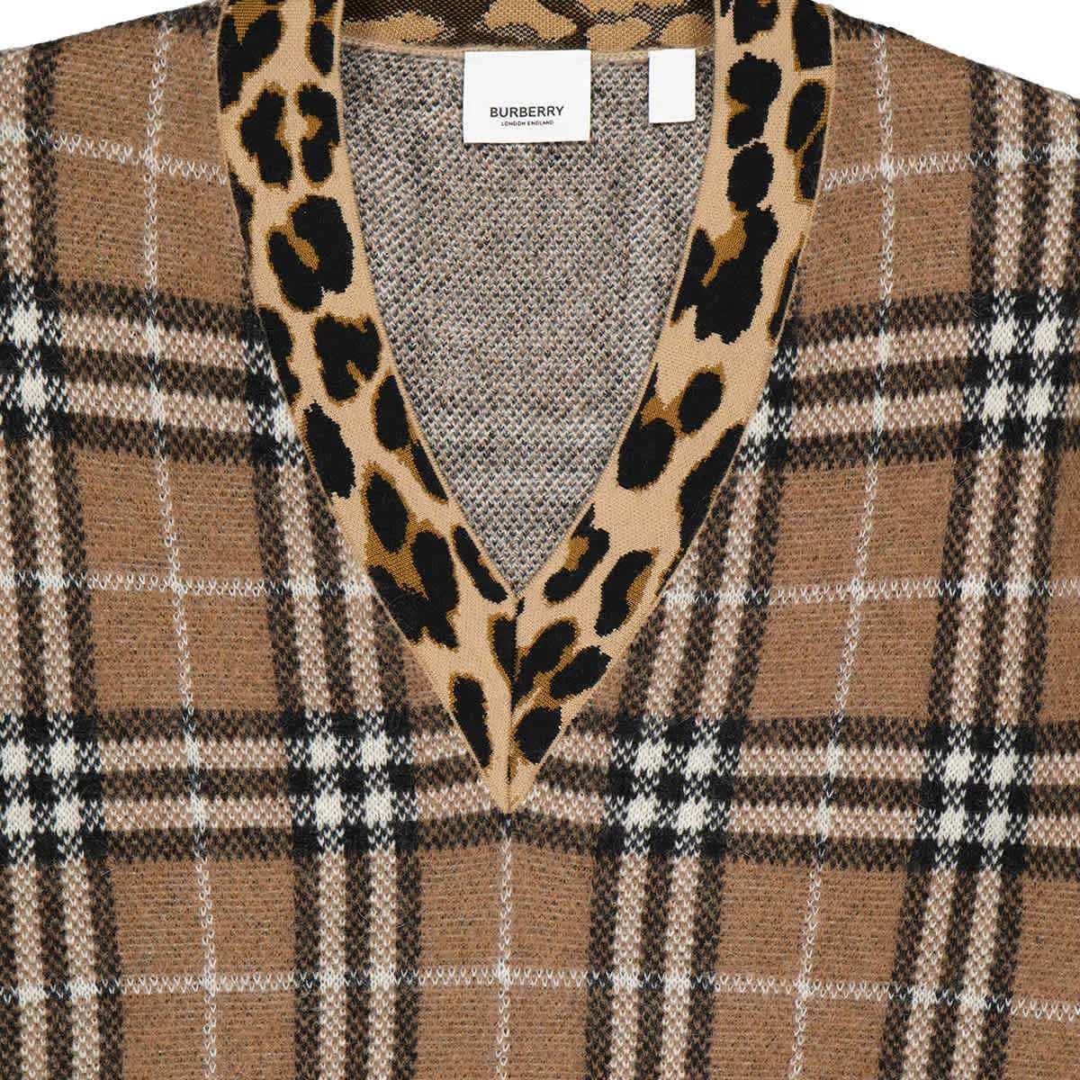 BURBERRY LEOPARD TRIMMED CHECKED JACQUARD KNIT SWEATER