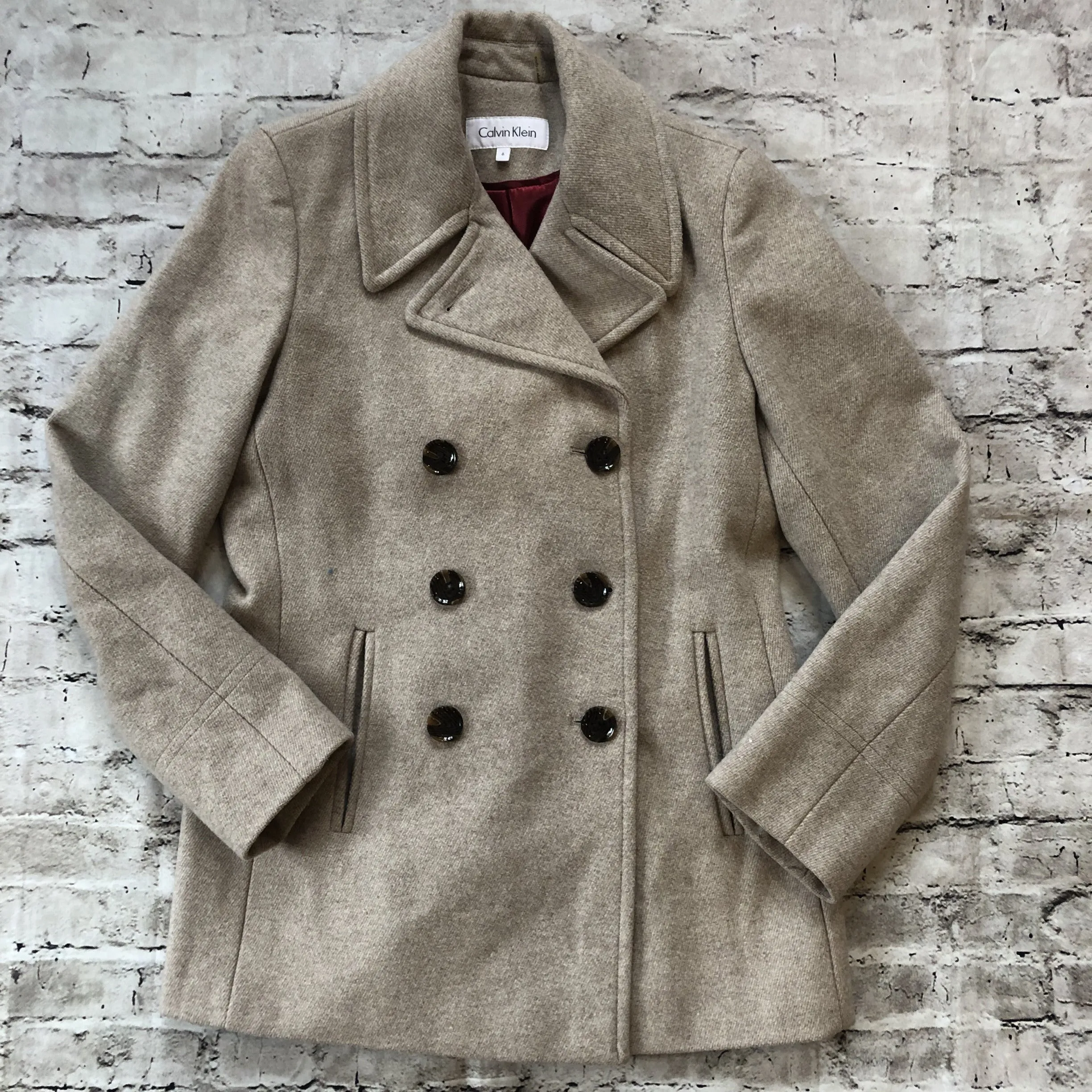 CALVIN KLEIN Tan Beige Wool Blend Double Breasted Pea Coat Size 6