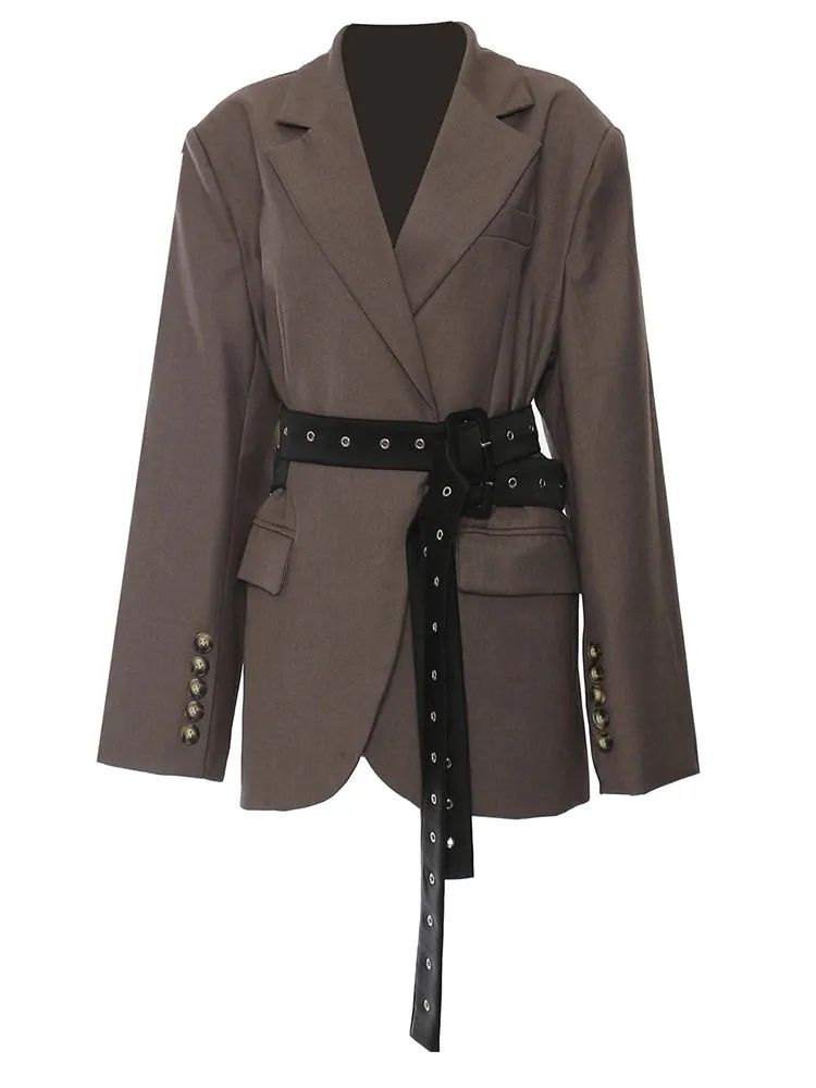 Chic Belted Blazer with Button Details - Structured Fit, Long Sleeves