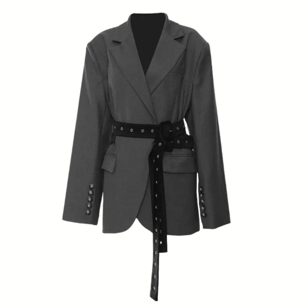 Chic Belted Blazer with Button Details - Structured Fit, Long Sleeves