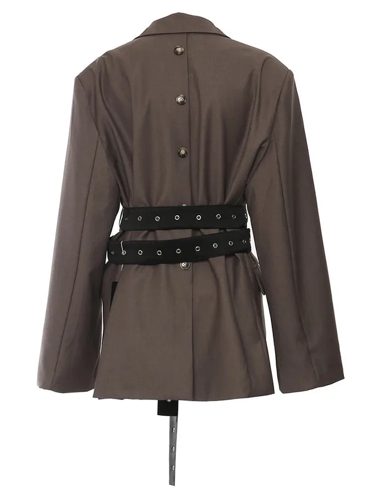Chic Belted Blazer with Button Details - Structured Fit, Long Sleeves