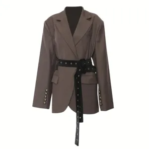 Chic Belted Blazer with Button Details - Structured Fit, Long Sleeves