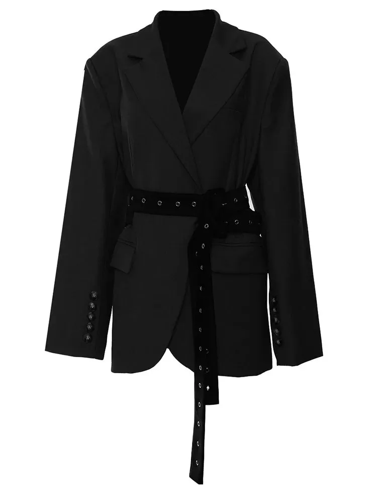 Chic Belted Blazer with Button Details - Structured Fit, Long Sleeves