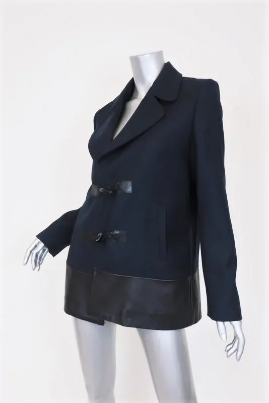 Claudie Pierlot Peacoat Navy Wool Twill & Black Leather Size 38 Toggle Jacket