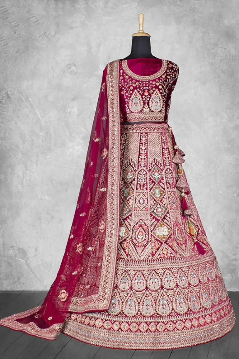Dark Red Velvet Pure Mirror Work Semi Stitched Lehenga Choli with Dupatta - Nimaya Lagnotsav