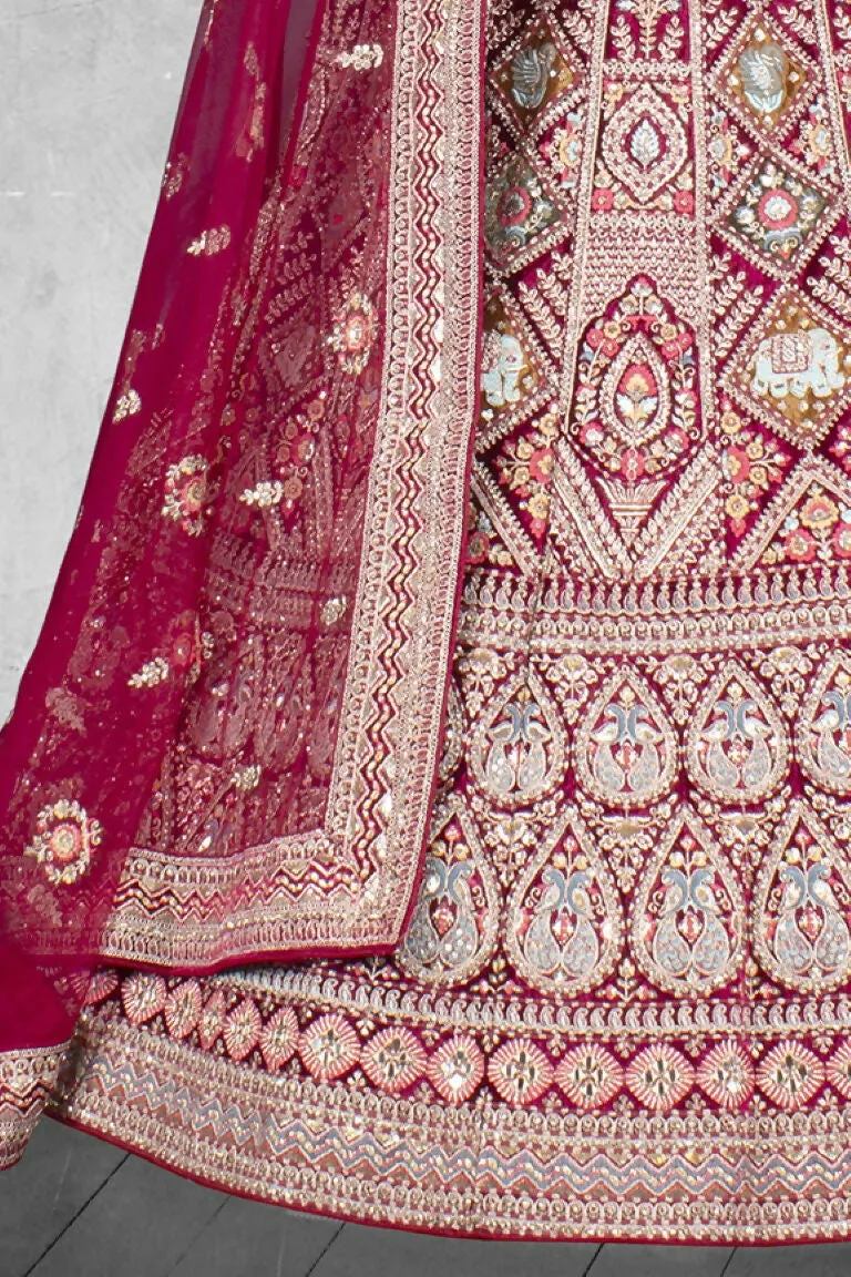 Dark Red Velvet Pure Mirror Work Semi Stitched Lehenga Choli with Dupatta - Nimaya Lagnotsav