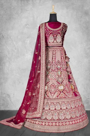 Dark Red Velvet Pure Mirror Work Semi Stitched Lehenga Choli with Dupatta - Nimaya Lagnotsav
