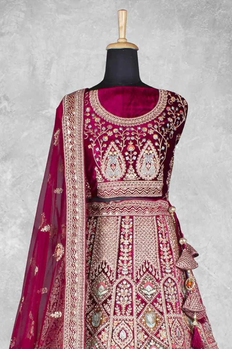Dark Red Velvet Pure Mirror Work Semi Stitched Lehenga Choli with Dupatta - Nimaya Lagnotsav