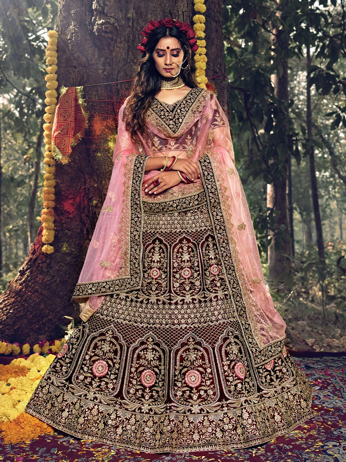 Fancy Maroon Semi Stitched Lehenga With Unstitched Blouse