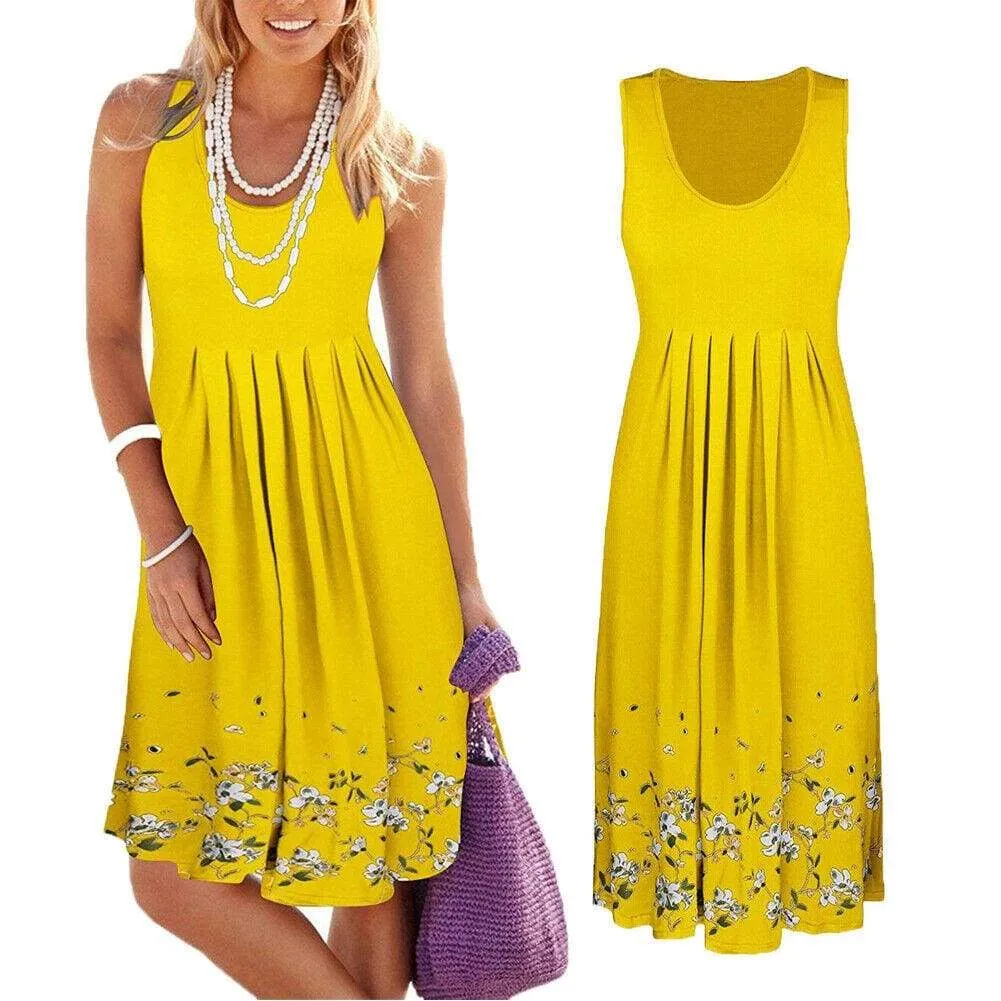 FashionSierra - New Women's Floral Bodycon High Waist Sleeveless Sundress Ladies Summer Casual Loose Short Midi Dress