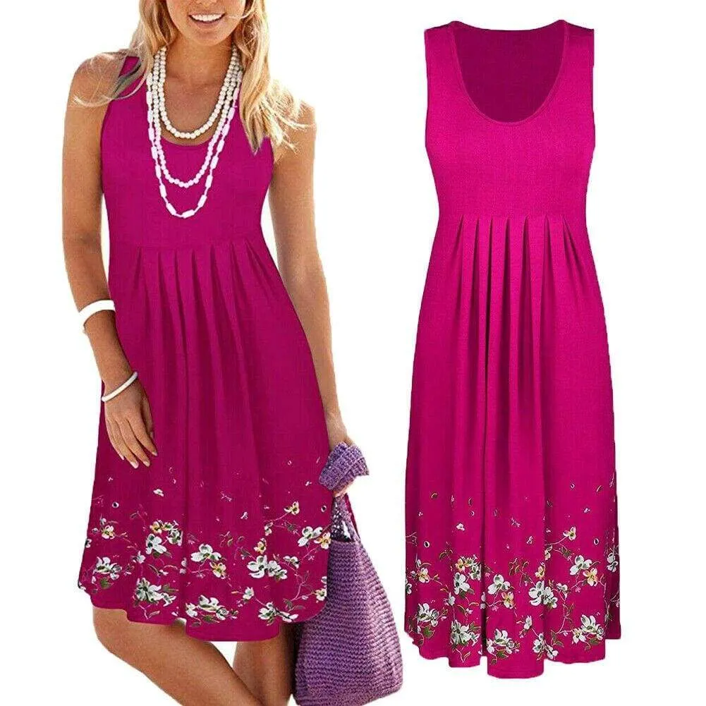 FashionSierra - New Women's Floral Bodycon High Waist Sleeveless Sundress Ladies Summer Casual Loose Short Midi Dress
