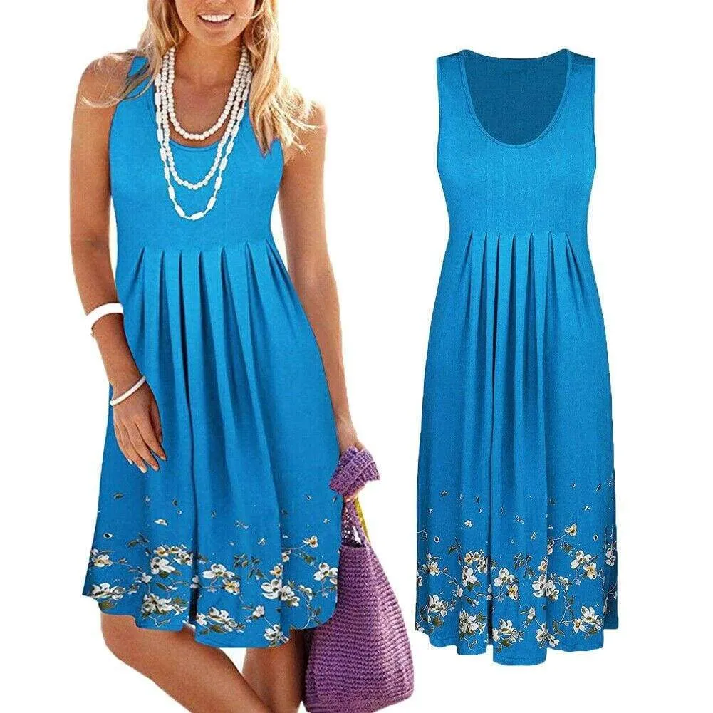 FashionSierra - New Women's Floral Bodycon High Waist Sleeveless Sundress Ladies Summer Casual Loose Short Midi Dress