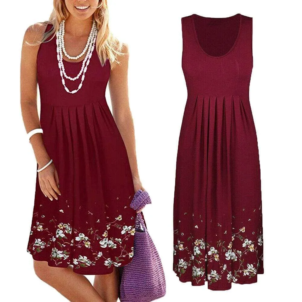 FashionSierra - New Women's Floral Bodycon High Waist Sleeveless Sundress Ladies Summer Casual Loose Short Midi Dress
