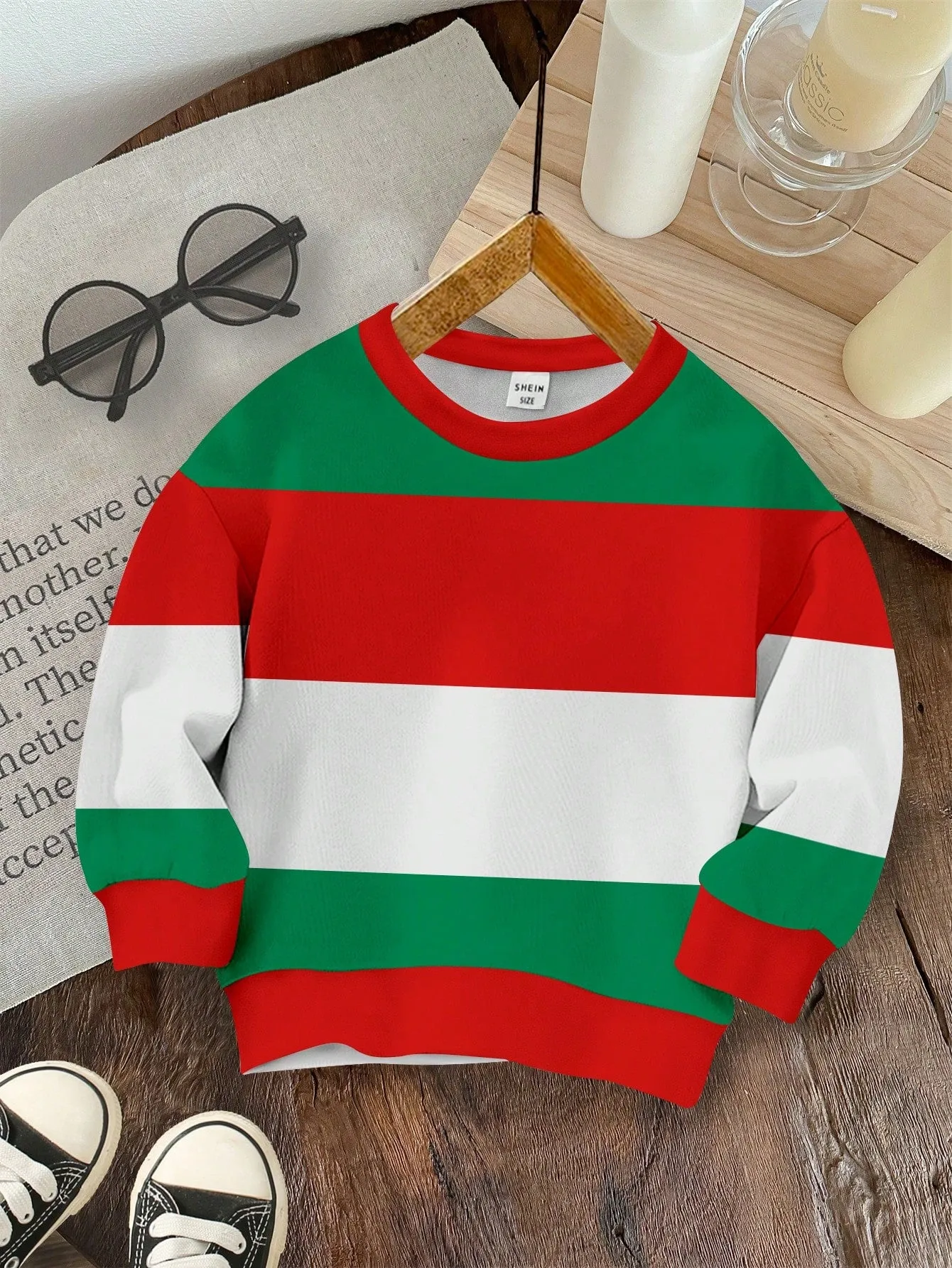 Fleece lined hoodie|Merry Christmas Striped Print, Red & Green, Baby Boy Casual Minimalist Loose Fit Fleece Lined Soft Round Neck Pullover Hoodie, Suitable For Autumn/Winter