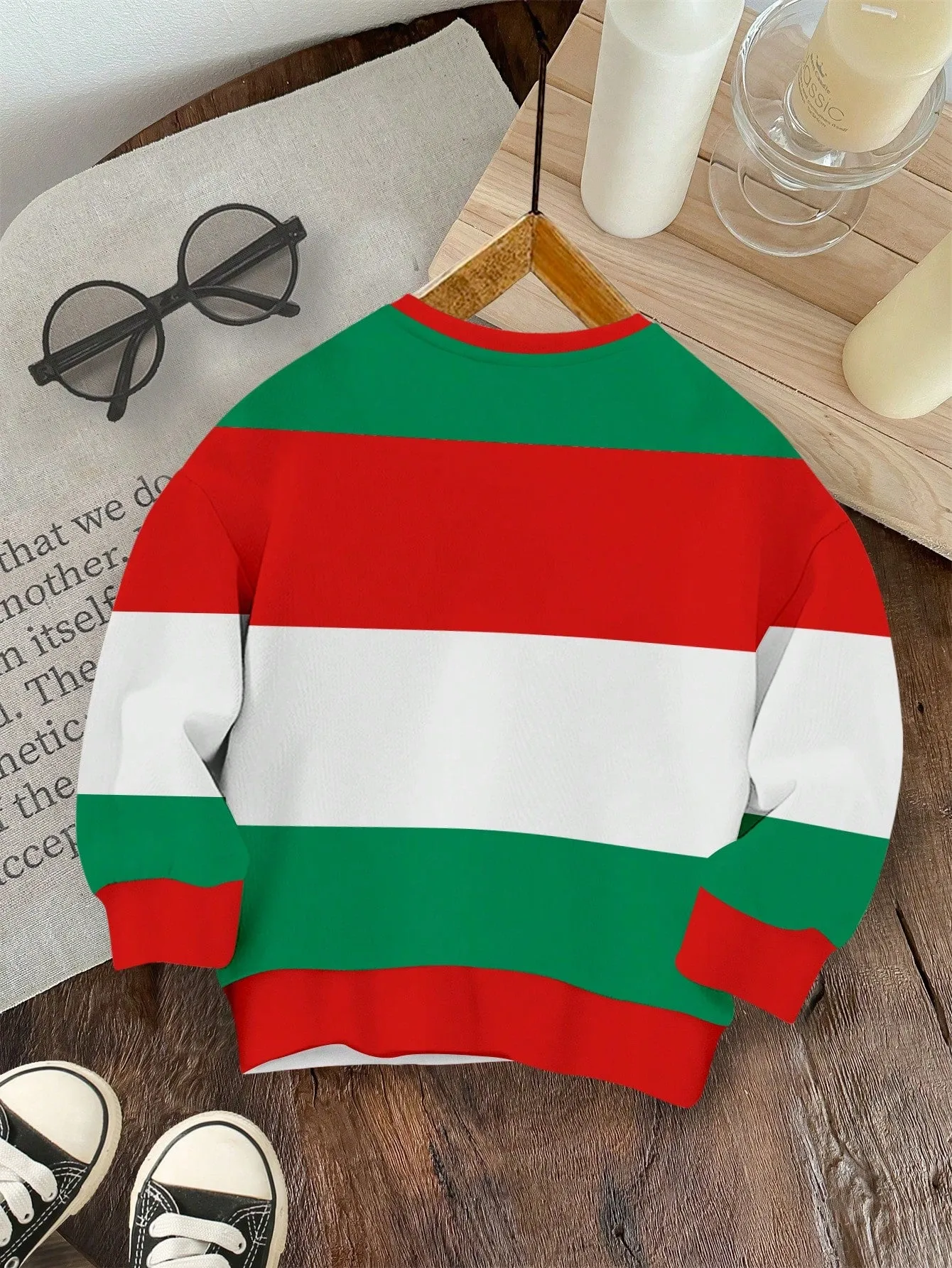 Fleece lined hoodie|Merry Christmas Striped Print, Red & Green, Baby Boy Casual Minimalist Loose Fit Fleece Lined Soft Round Neck Pullover Hoodie, Suitable For Autumn/Winter