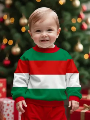 Fleece lined hoodie|Merry Christmas Striped Print, Red & Green, Baby Boy Casual Minimalist Loose Fit Fleece Lined Soft Round Neck Pullover Hoodie, Suitable For Autumn/Winter