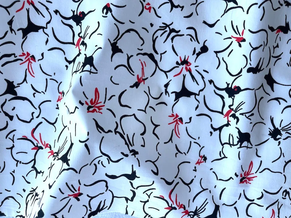 Floral Summertime Red, White & Black Cotton Poplin (Made in Italy)