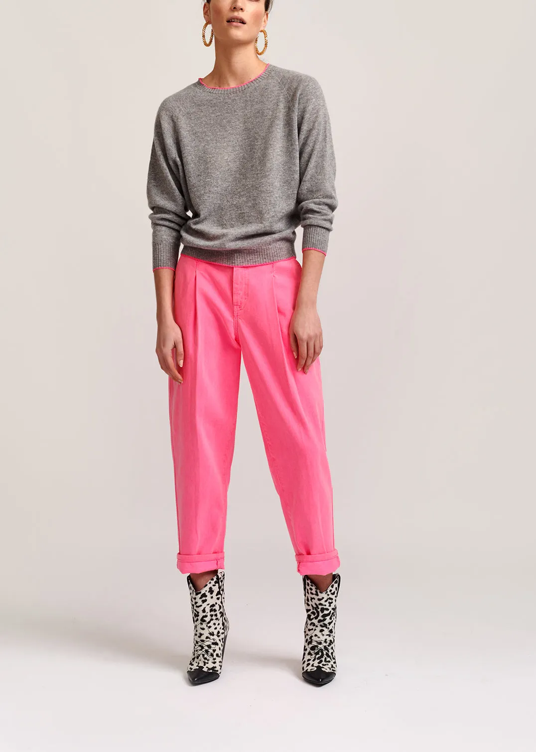 Grey wool and cashmere-blend sweater with neon trim