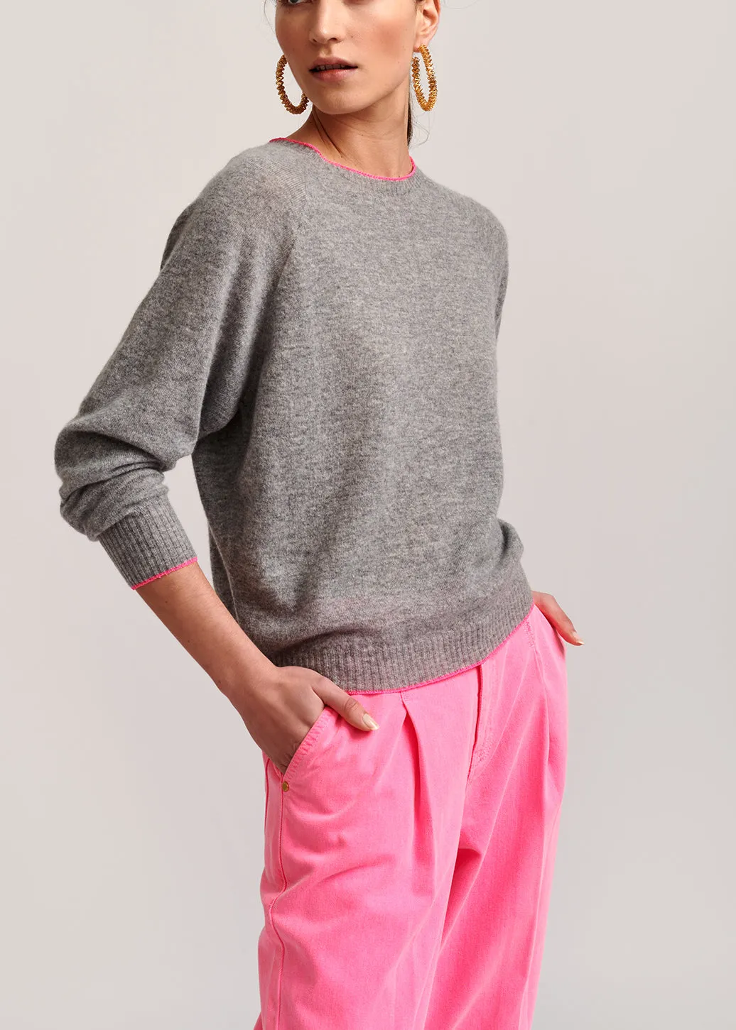 Grey wool and cashmere-blend sweater with neon trim