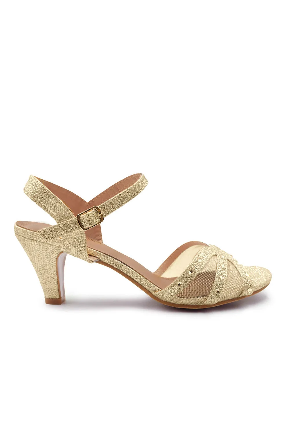JILLIAN DIAMANTE MESH STRAPPY HEEL IN ROSE GOLD GLITTER