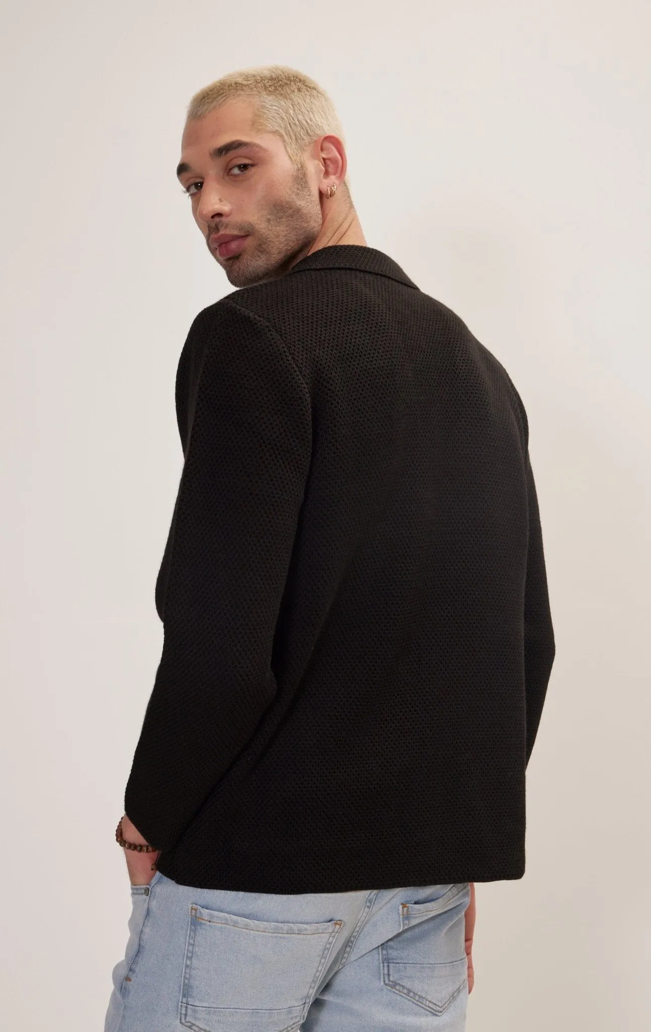 Knitted Notch Laper Fitted Blazer - Black