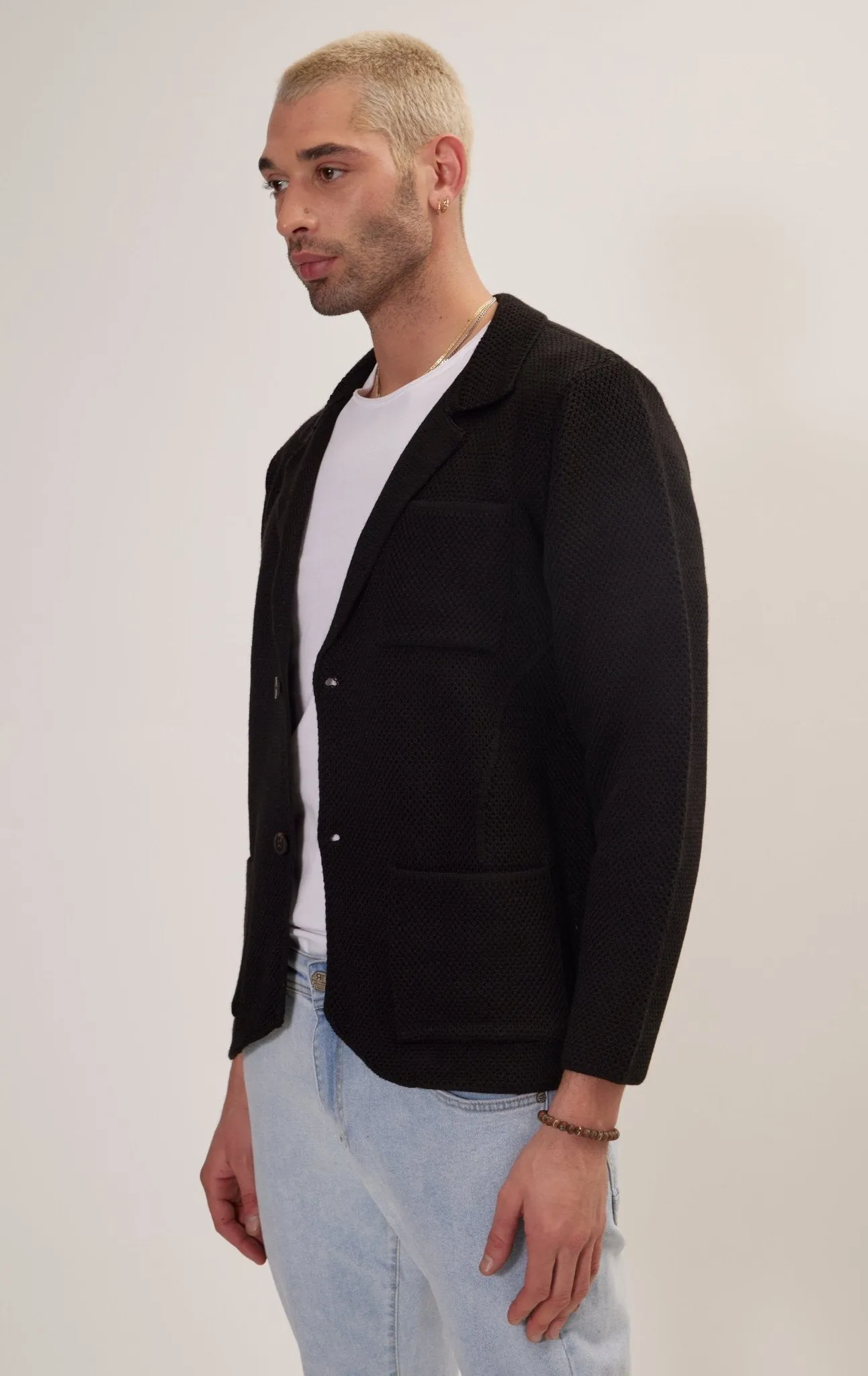 Knitted Notch Laper Fitted Blazer - Black