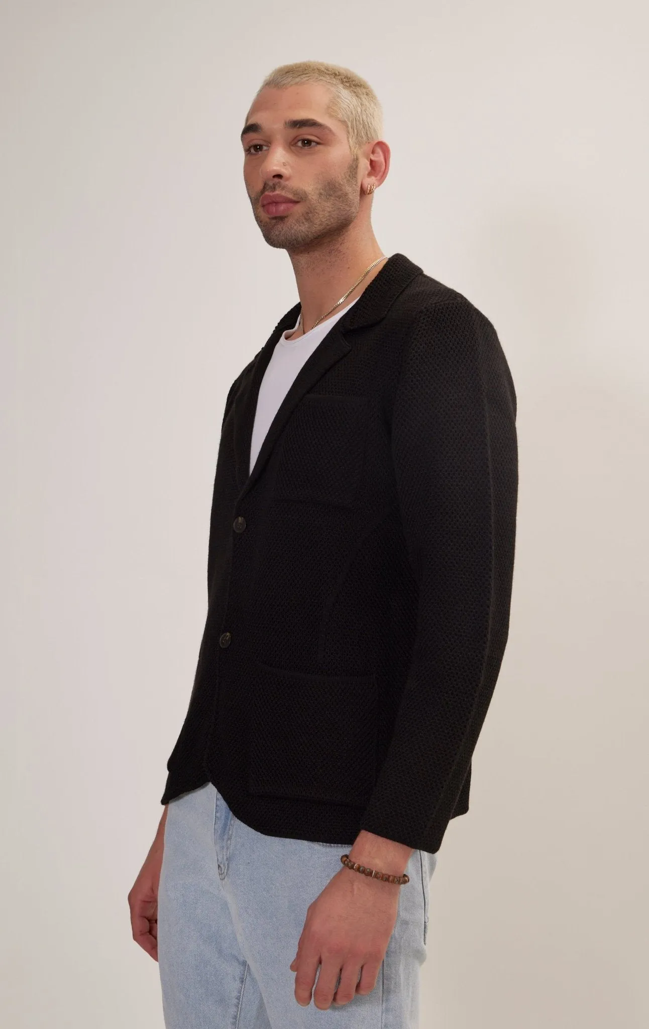 Knitted Notch Laper Fitted Blazer - Black
