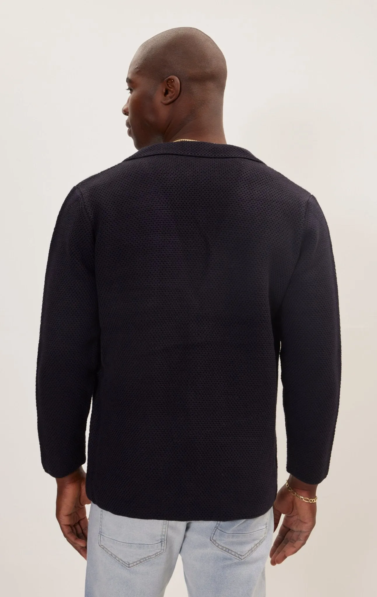 Knitted Notch Laper Fitted Blazer - Navy
