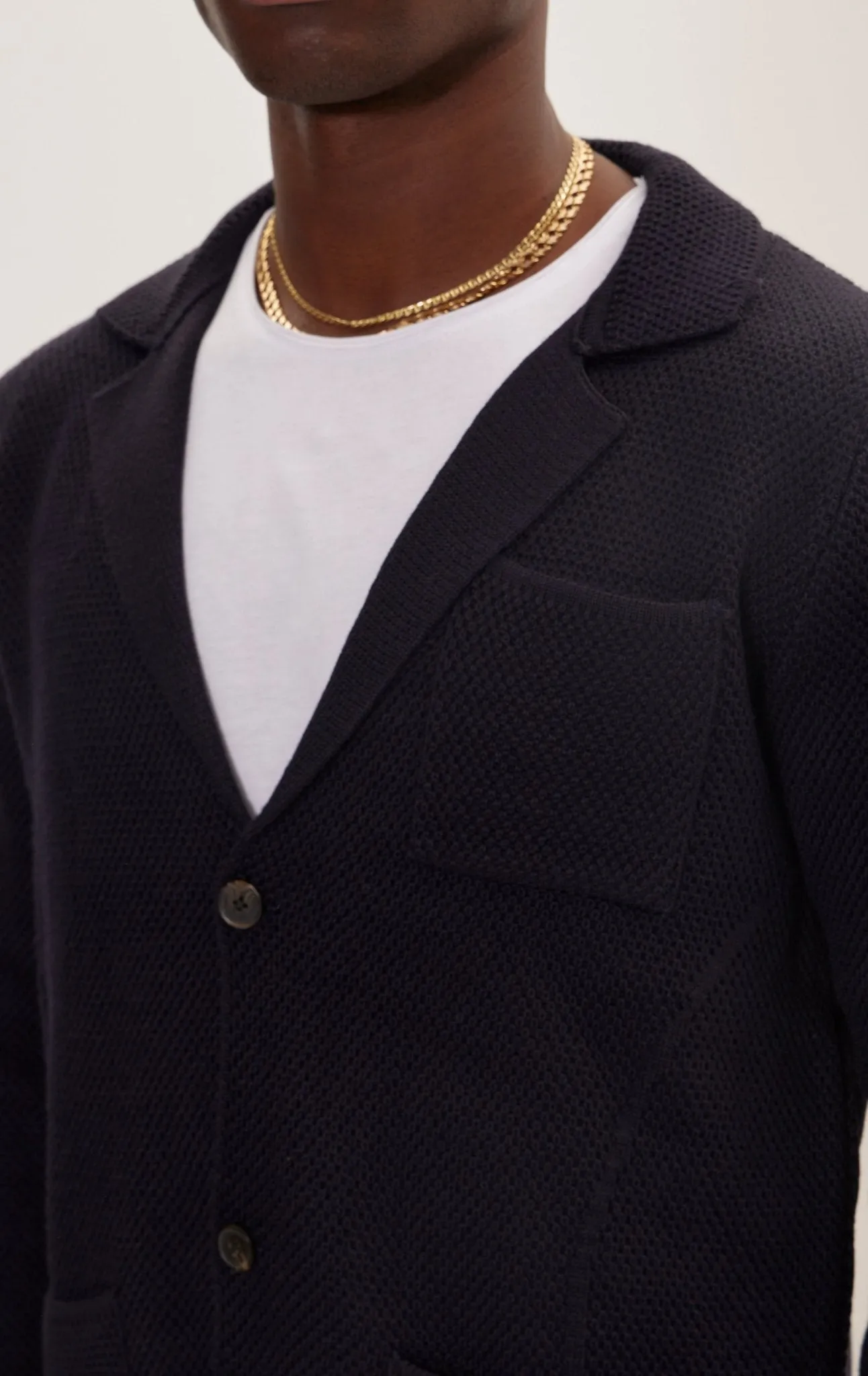 Knitted Notch Laper Fitted Blazer - Navy