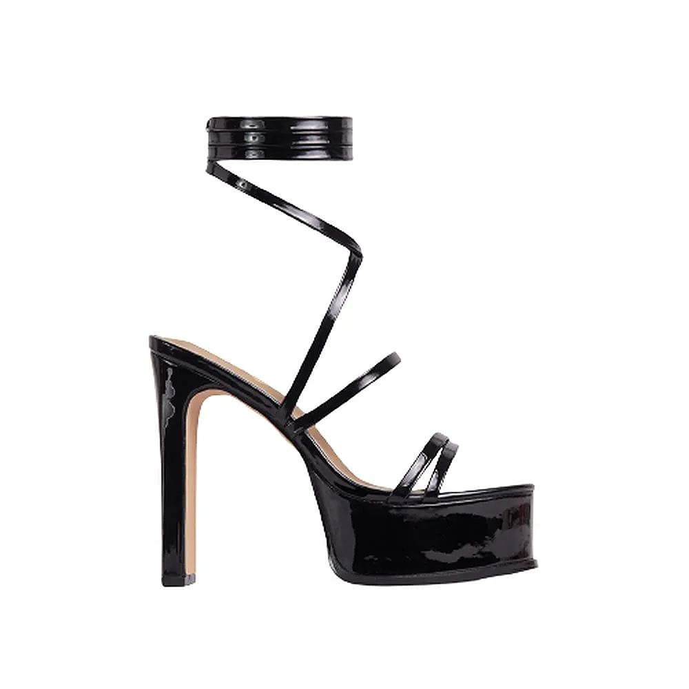 Lace Up Peep Toe Platform Thin Block Heel Sandals