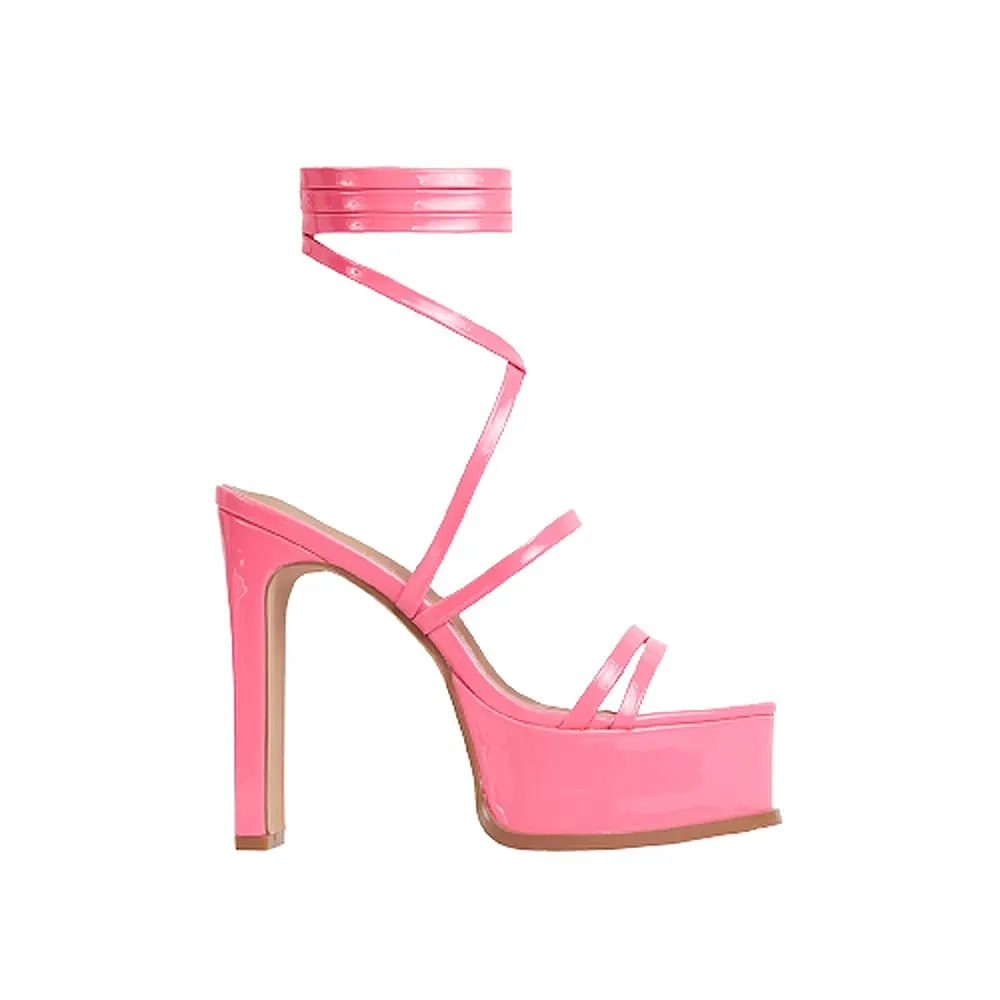 Lace Up Peep Toe Platform Thin Block Heel Sandals