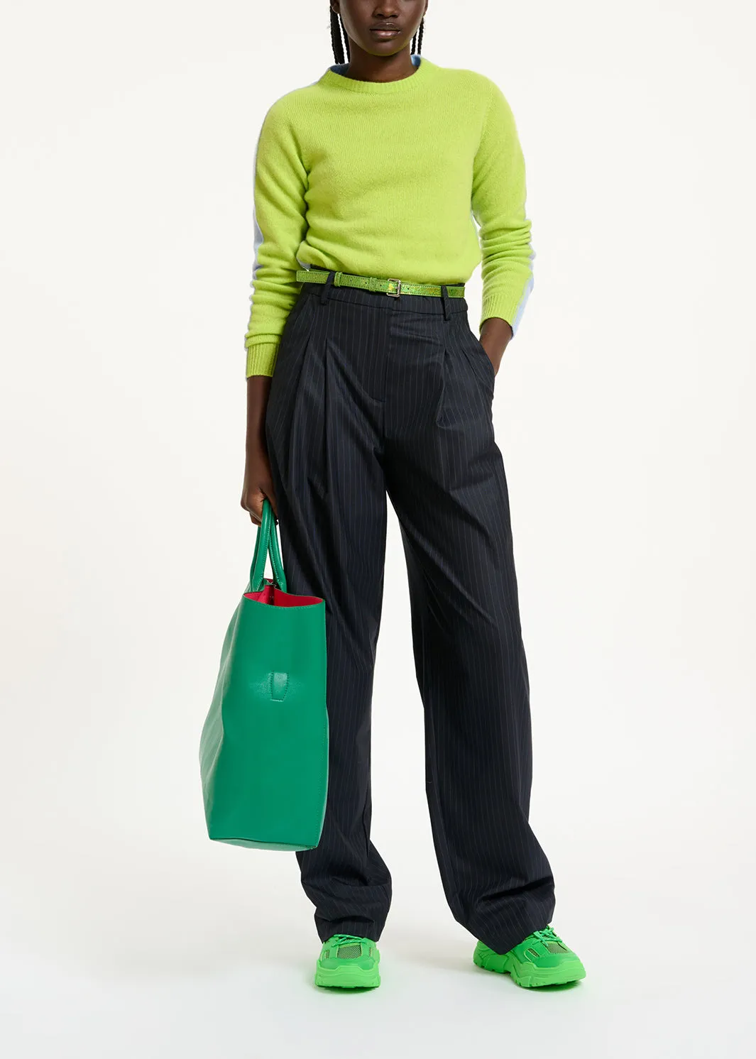 Lime green and light blue merino-cashmere knit sweater
