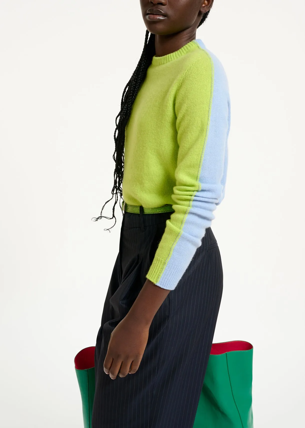 Lime green and light blue merino-cashmere knit sweater