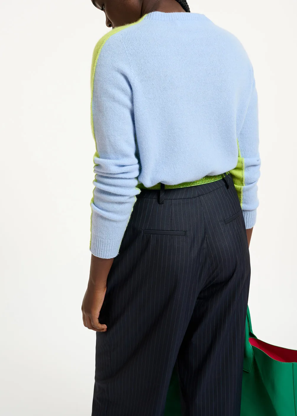 Lime green and light blue merino-cashmere knit sweater