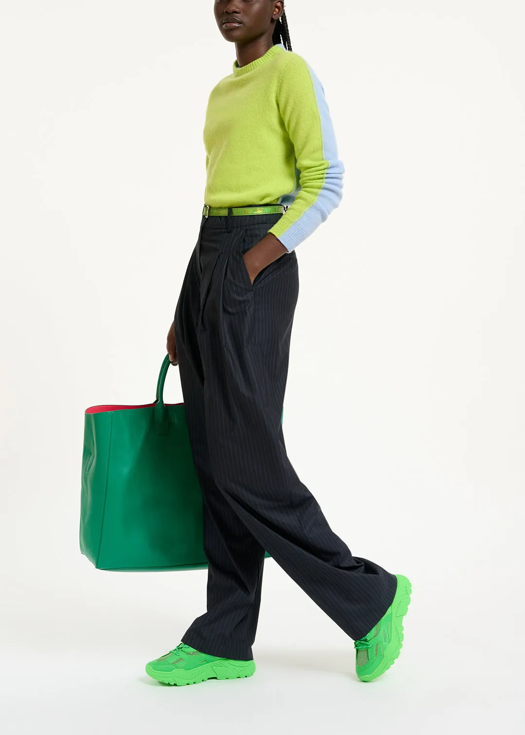 Lime green and light blue merino-cashmere knit sweater