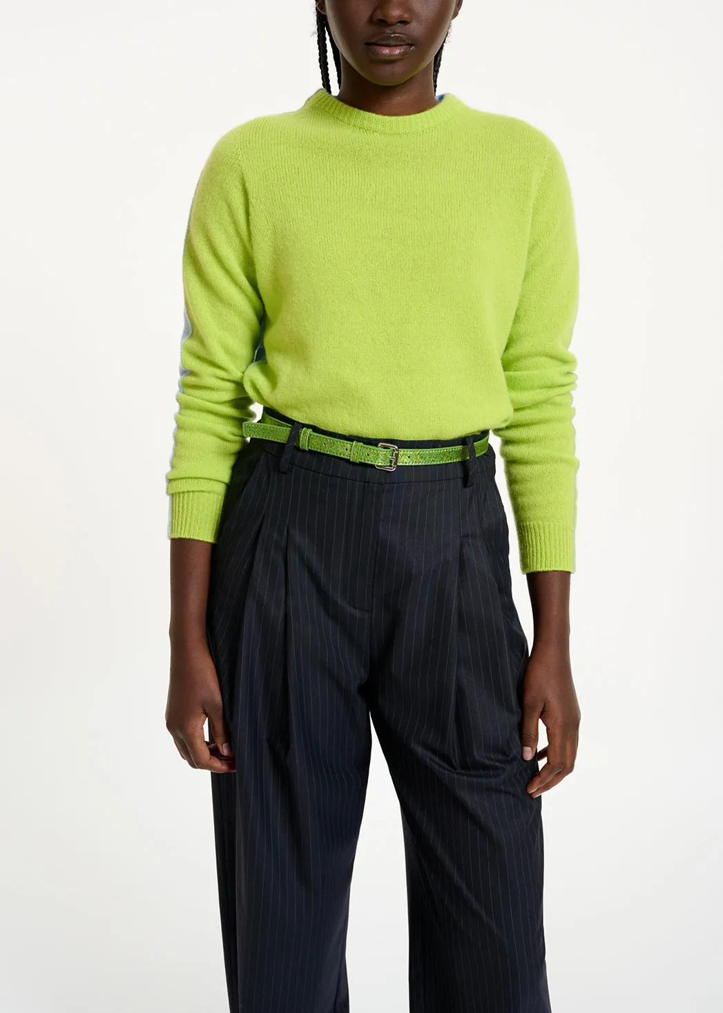 Lime green and light blue merino-cashmere knit sweater