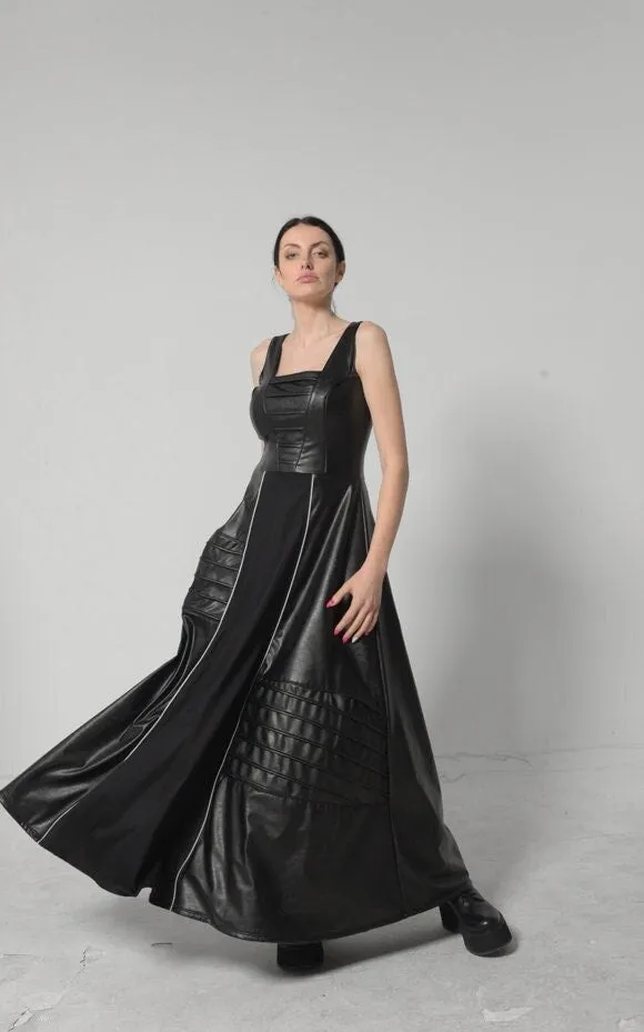 Long Flare Vegan Leather Dress