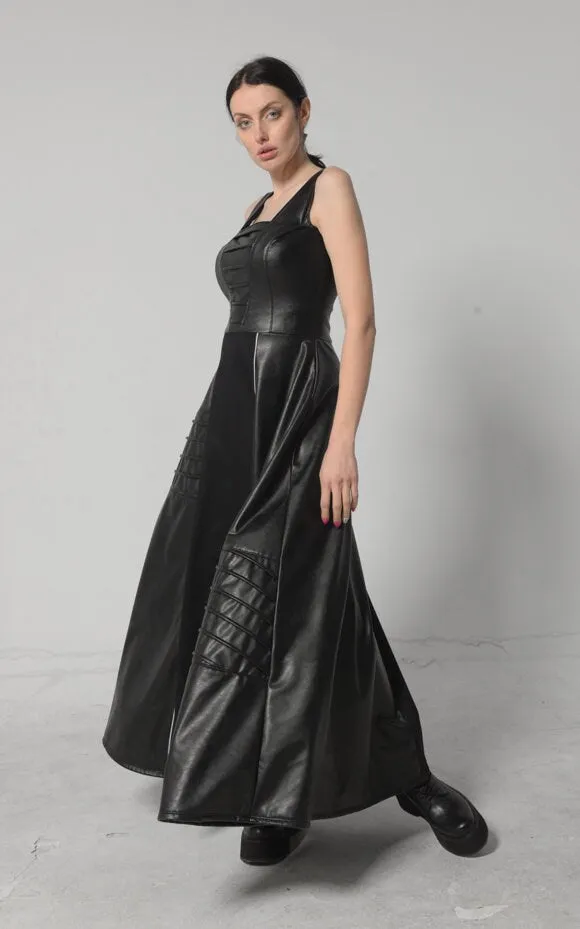 Long Flare Vegan Leather Dress
