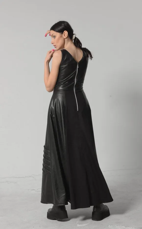 Long Flare Vegan Leather Dress