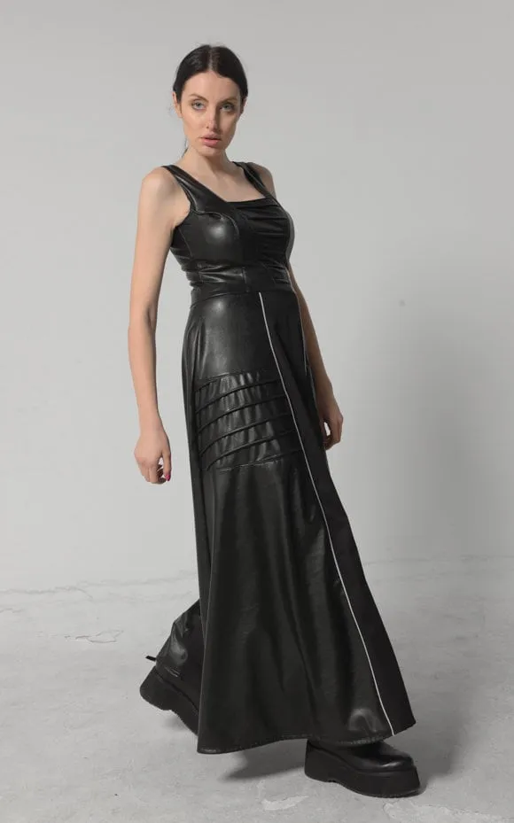 Long Flare Vegan Leather Dress