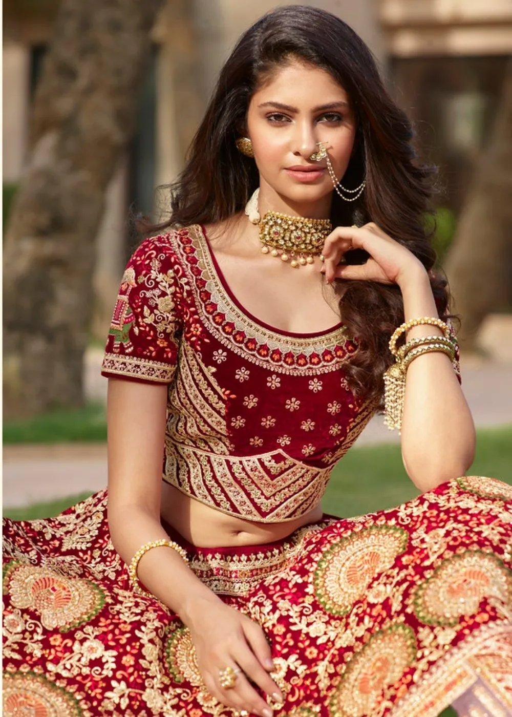 Mahagony Red Velvet Lehenga Choli with Heavy Embroidery Work