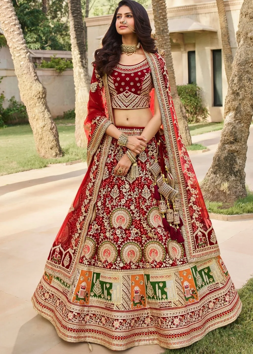 Mahagony Red Velvet Lehenga Choli with Heavy Embroidery Work