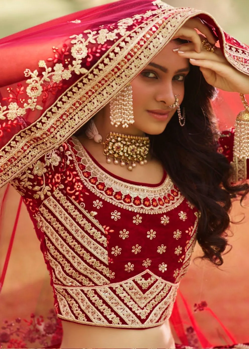 Mahagony Red Velvet Lehenga Choli with Heavy Embroidery Work