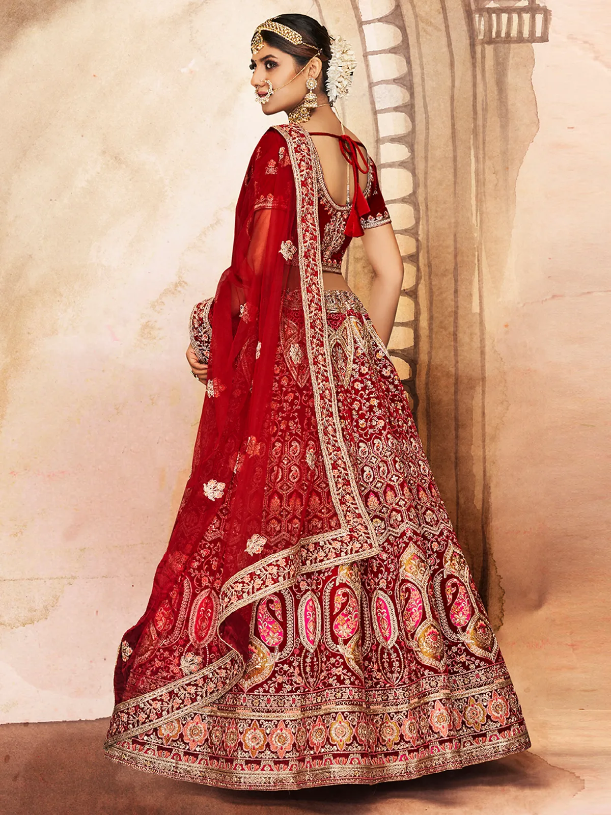 Maroon Embroidered Velvet Semi Stitched Lehenga With Unstitched Blouse